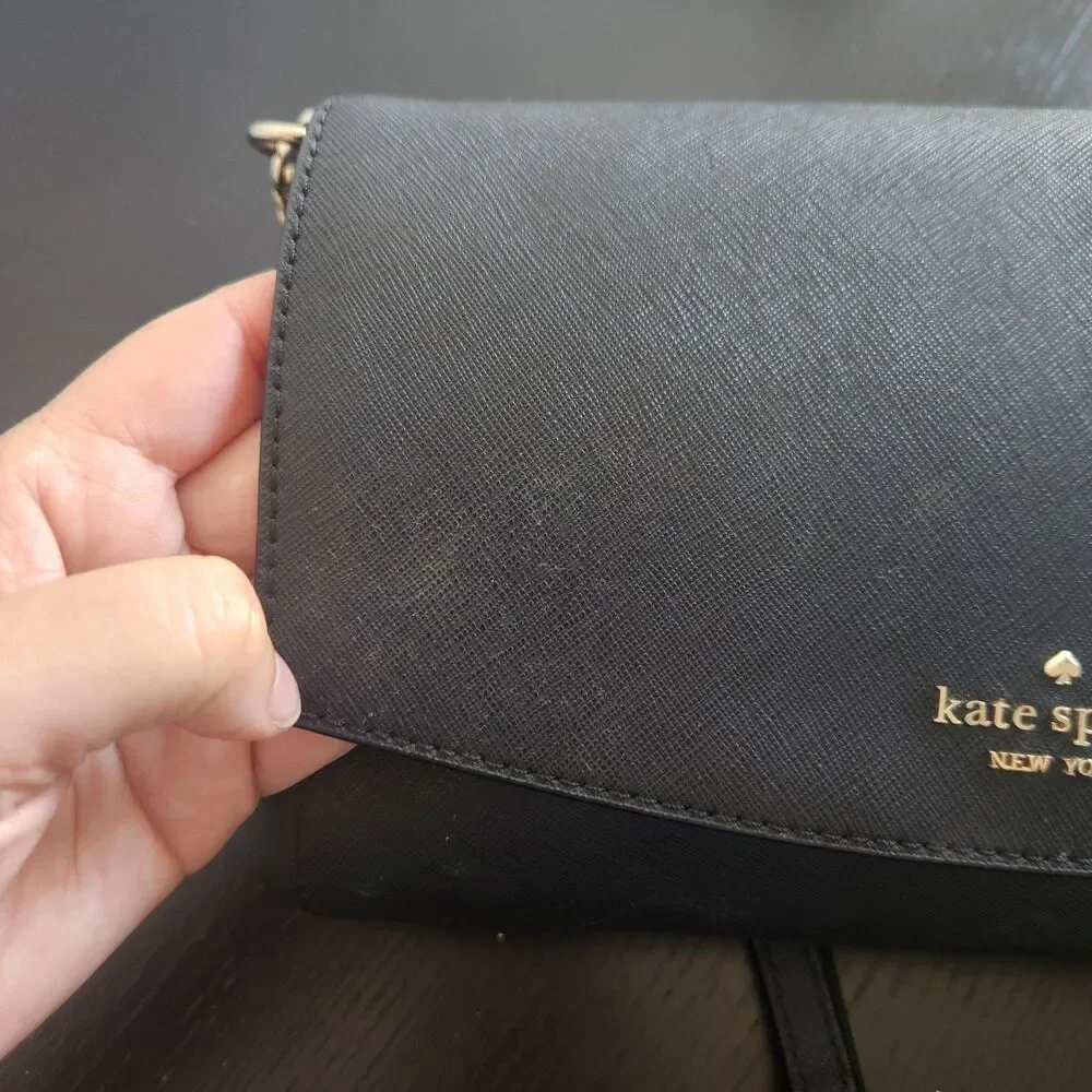 Kate Spade New York Black Saffiano Leather Shoulder Bag Chain Link Accents luxe